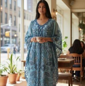 Embroidered Blue Kaftan Dress